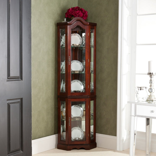 HomeRoots Mahogany Scallop Top Lighted Corner Curio Cabinet – Elegant Display with Adjustable Shelves & Storage 401662
