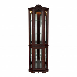 HomeRoots Mahogany Scallop Top Lighted Corner Curio Cabinet – Elegant Display with Adjustable Shelves & Storage 401662
