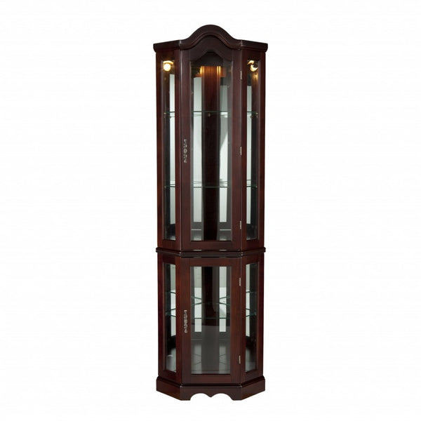 HomeRoots Mahogany Scallop Top Lighted Corner Curio Cabinet – Elegant Display with Adjustable Shelves & Storage 401662