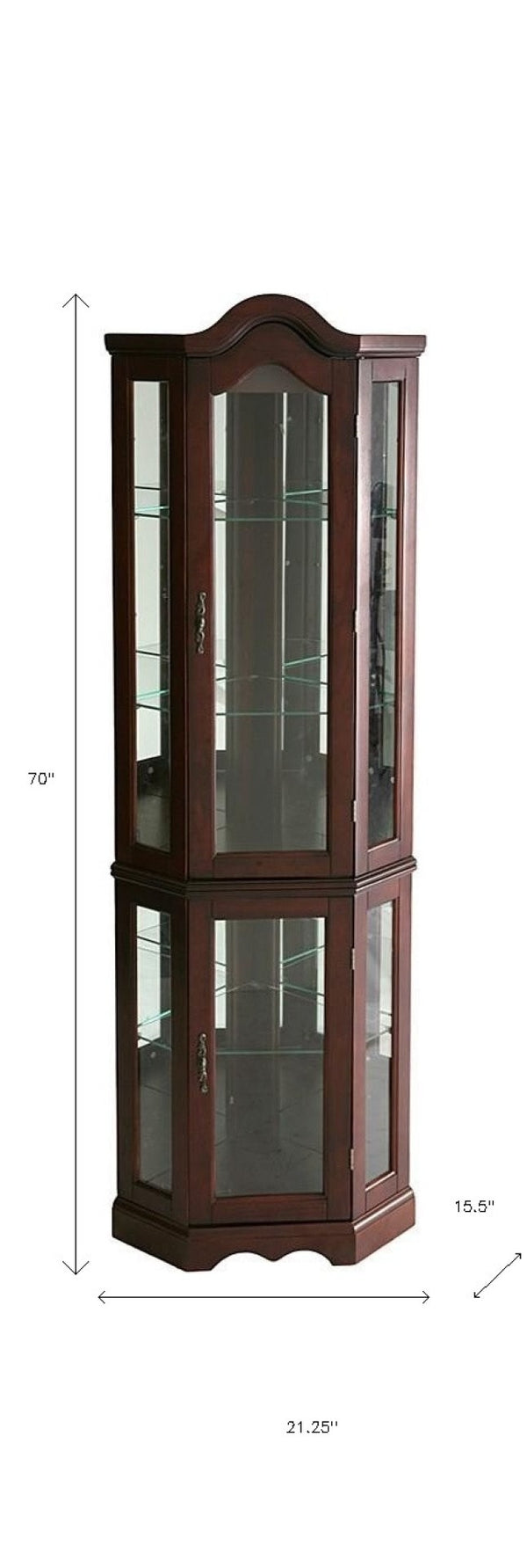 HomeRoots Mahogany Scallop Top Lighted Corner Curio Cabinet – Elegant Display with Adjustable Shelves & Storage 401662