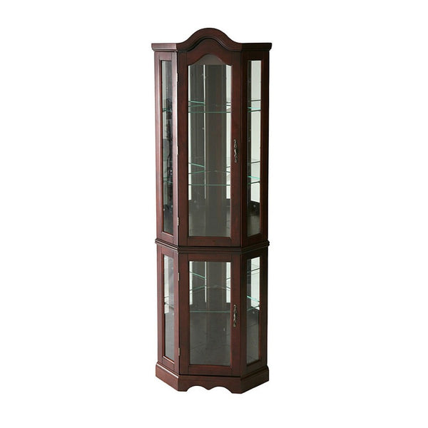 HomeRoots Mahogany Scallop Top Lighted Corner Curio Cabinet – Elegant Display with Adjustable Shelves & Storage 401662