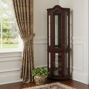 HomeRoots Mahogany Scallop Top Lighted Corner Curio Cabinet – Elegant Display with Adjustable Shelves & Storage 401662