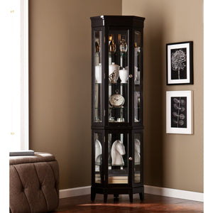 Homeroots Elegant Black Lighted Curio Cabinet  Pine,Mdf,Birch Veneer,Temp Glass,Mirror,Nickel 401663