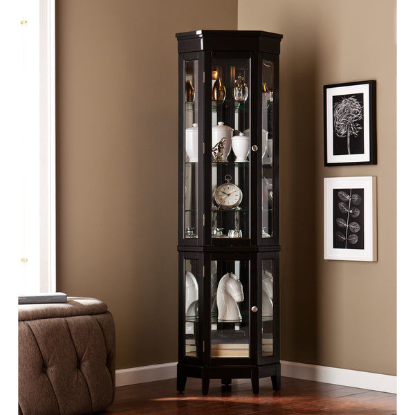 Homeroots Elegant Black Lighted Curio Cabinet  Pine,Mdf,Birch Veneer,Temp Glass,Mirror,Nickel 401663