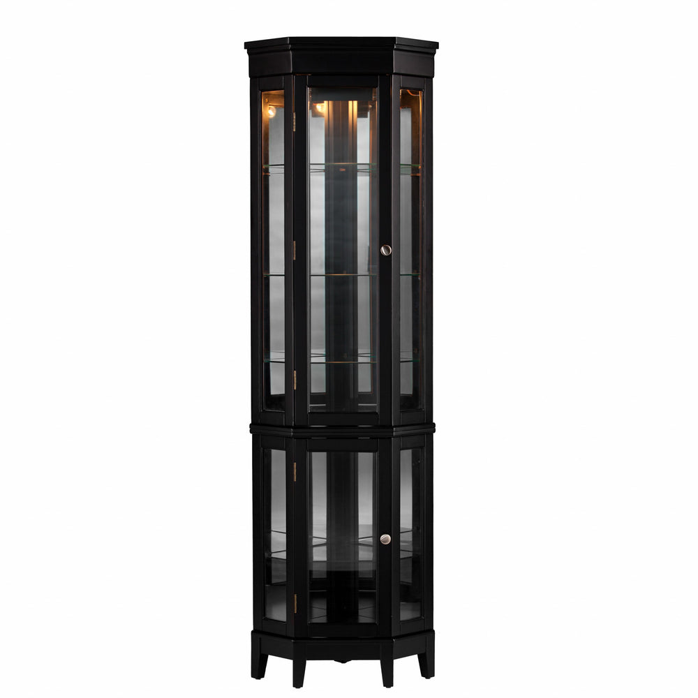 Homeroots Elegant Black Lighted Curio Cabinet  Pine,Mdf,Birch Veneer,Temp Glass,Mirror,Nickel 401663