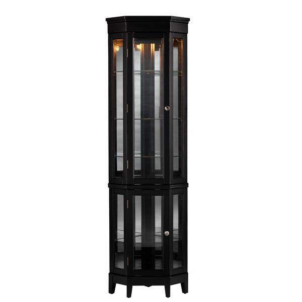 Homeroots Elegant Black Lighted Curio Cabinet  Pine,Mdf,Birch Veneer,Temp Glass,Mirror,Nickel 401663