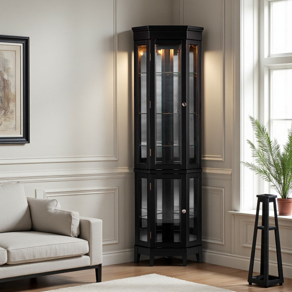 HomeRoots Elegant Black Lighted Curio Cabinet – Space-Saving Showcase with Adjustable Shelves & Mirrored Back 401663