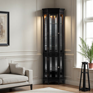 HomeRoots Elegant Black Lighted Curio Cabinet – Space-Saving Showcase with Adjustable Shelves & Mirrored Back 401663