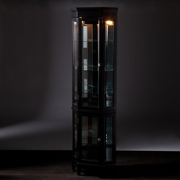 Homeroots Elegant Black Lighted Curio Cabinet  Pine,Mdf,Birch Veneer,Temp Glass,Mirror,Nickel 401663