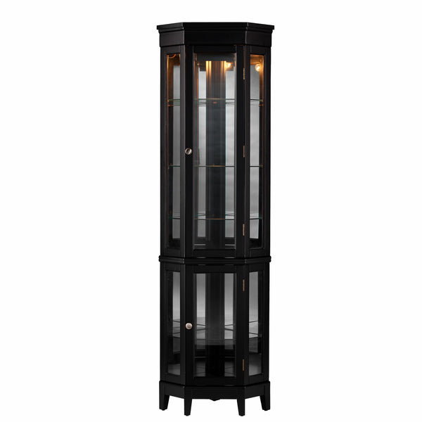 Homeroots Elegant Black Lighted Curio Cabinet  Pine,Mdf,Birch Veneer,Temp Glass,Mirror,Nickel 401663