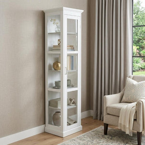 White Curio Cabinet with Glass Front Door Elegant Cornice Molding Display Storage