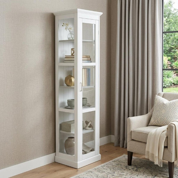 White Curio Cabinet with Glass Front Door Elegant Cornice Molding Display Storage