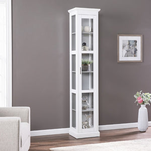 White Curio Cabinet with Glass Front Door Elegant Cornice Molding Display Storage