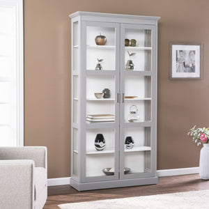 HomeRoots Gray Cornice Molding Curio Cabinet with Double Doors - Elegant Display for Collectibles & Keepsakes 401666