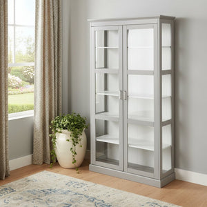 HomeRoots Gray Cornice Molding Curio Cabinet with Double Doors - Elegant Display for Collectibles & Keepsakes 401666