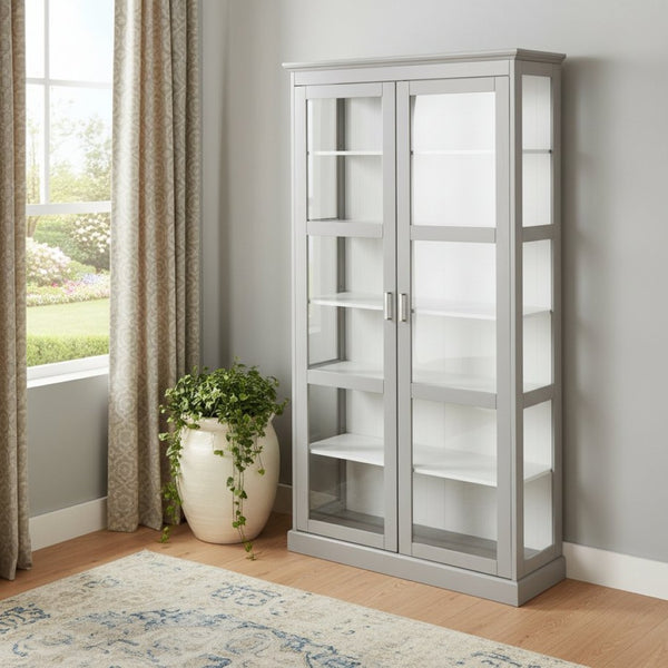 HomeRoots Gray Cornice Molding Curio Cabinet with Double Doors - Elegant Display for Collectibles & Keepsakes 401666