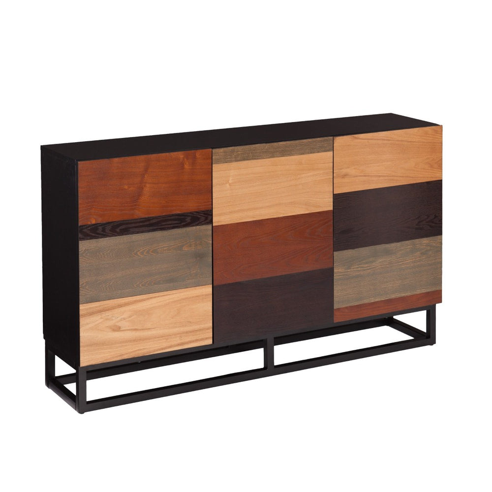 HomeRoots 52" Mid-Century Modern Sideboard Cabinet with Three Doors, Multi-Tonal Wood, and Metal Base 401669