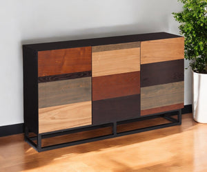 HomeRoots 52" Mid-Century Modern Sideboard Cabinet with Three Doors, Multi-Tonal Wood, and Metal Base 401669