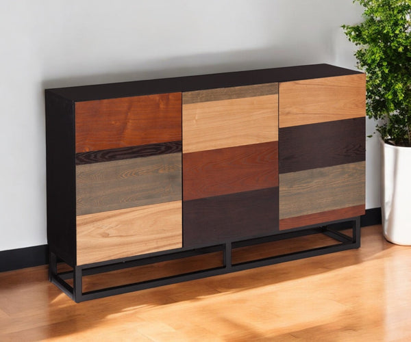 HomeRoots 52" Mid-Century Modern Sideboard Cabinet with Three Doors, Multi-Tonal Wood, and Metal Base 401669