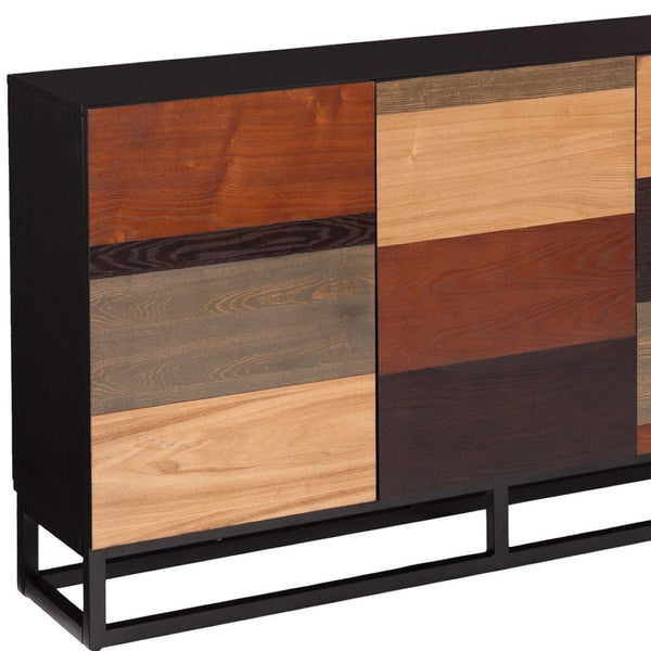 HomeRoots 52" Mid-Century Modern Sideboard Cabinet with Three Doors, Multi-Tonal Wood, and Metal Base 401669