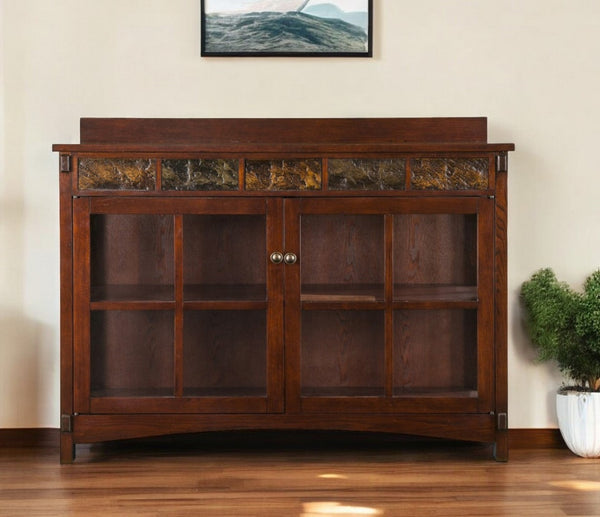 HomeRoots 44" Rustic Brown Wood Sideboard with Glass Doors – Mission-Style Buffet for Versatile Home Storage 401670