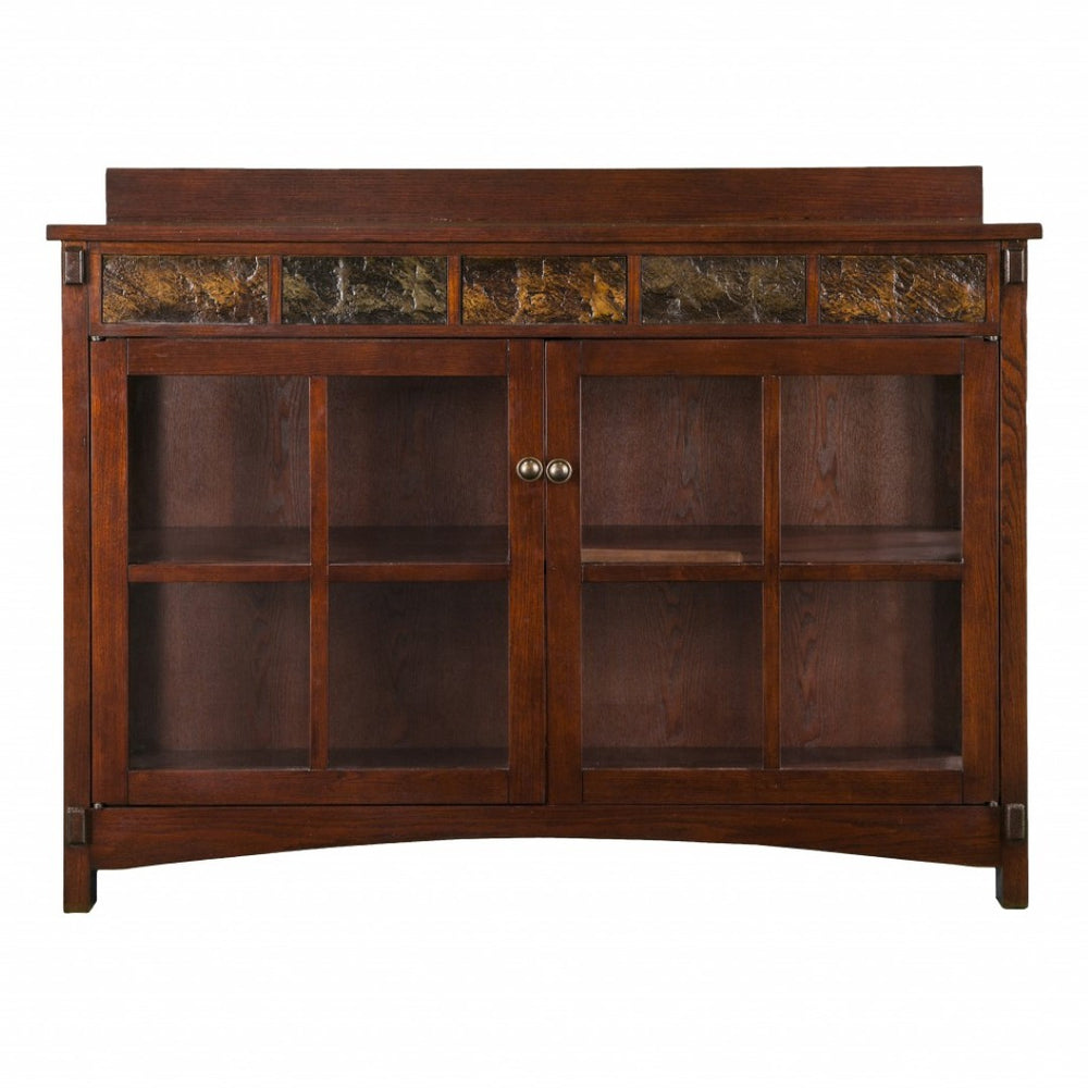 HomeRoots 44" Rustic Brown Wood Sideboard with Glass Doors – Mission-Style Buffet for Versatile Home Storage 401670
