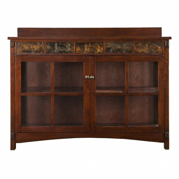 HomeRoots 44" Rustic Brown Wood Sideboard with Glass Doors – Mission-Style Buffet for Versatile Home Storage 401670