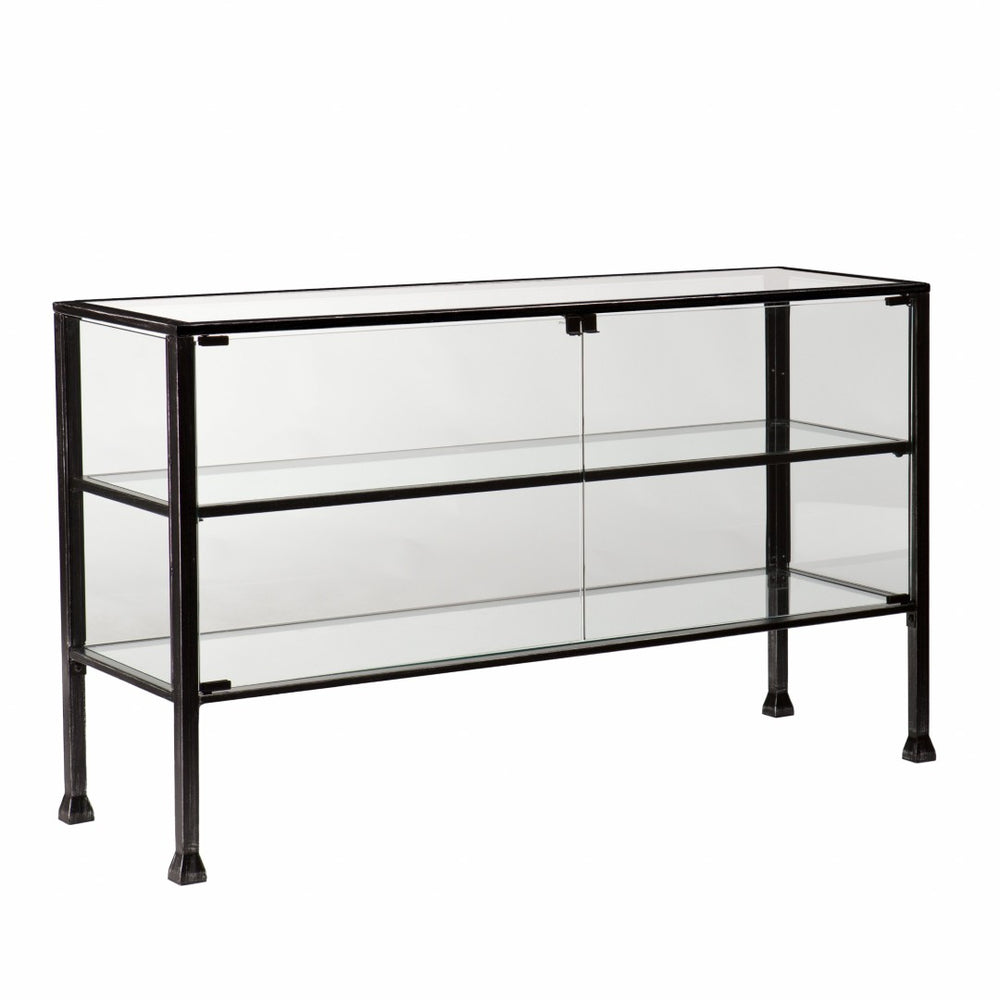 HomeRoots Rustic Black and Glass Double Door Cabinet - Stylish Storage & Display for Any Room, 29.5" H x 50.75" W 401672