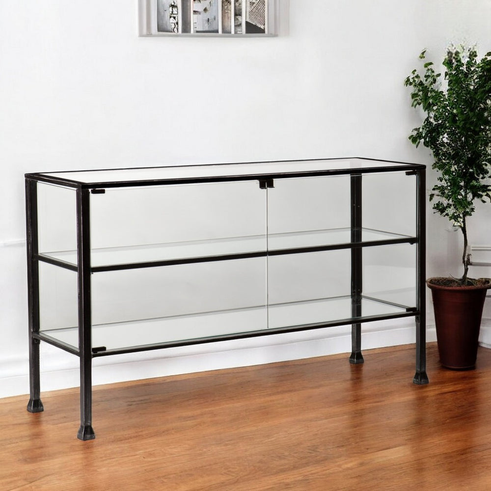 HomeRoots Rustic Black and Glass Double Door Cabinet - Stylish Storage & Display for Any Room, 29.5" H x 50.75" W 401672