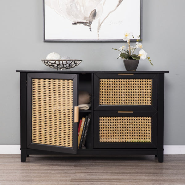 Homeroots Black And Cane Bamboo Accent Storage Cabinet  Eng Wood,Eng Wood,Rattan,Poplar,Plated Aluminum 401675