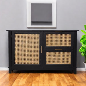 HomeRoots 50" Black Solid Wood Sideboard with Rattan Accents, Two Drawers, & Brass Detailing for Versatile Storage 401675