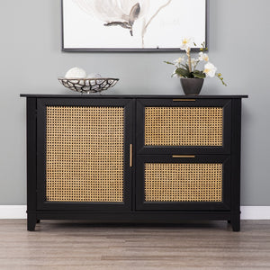 Homeroots Black And Cane Bamboo Accent Storage Cabinet  Eng Wood,Eng Wood,Rattan,Poplar,Plated Aluminum 401675