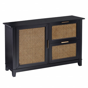 Homeroots Black And Cane Bamboo Accent Storage Cabinet  Eng Wood,Eng Wood,Rattan,Poplar,Plated Aluminum 401675