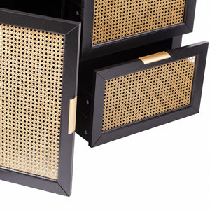 Homeroots Black And Cane Bamboo Accent Storage Cabinet  Eng Wood,Eng Wood,Rattan,Poplar,Plated Aluminum 401675