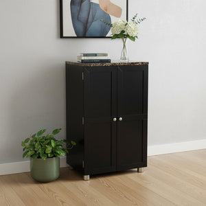 HomeRoots Metro Black Wood and Marble Bar Cabinet - Space-Saving Design with Wine Storage and Elegant Style 401677