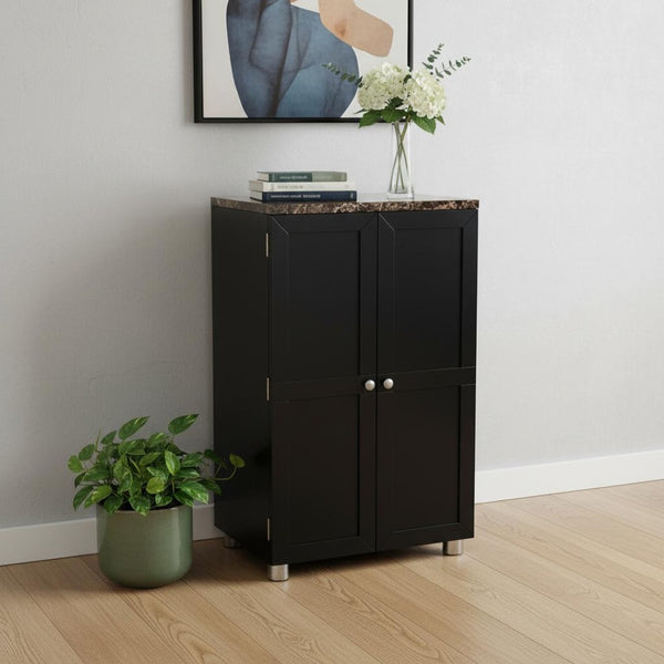 HomeRoots Metro Black Wood and Marble Bar Cabinet - Space-Saving Design with Wine Storage and Elegant Style 401677
