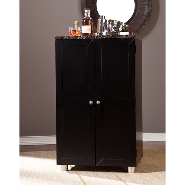 Homeroots Metro Black Wood And Marble Bar Cabinet  Mdf,Faux Marble,Stainless Steel,Nickel 401677