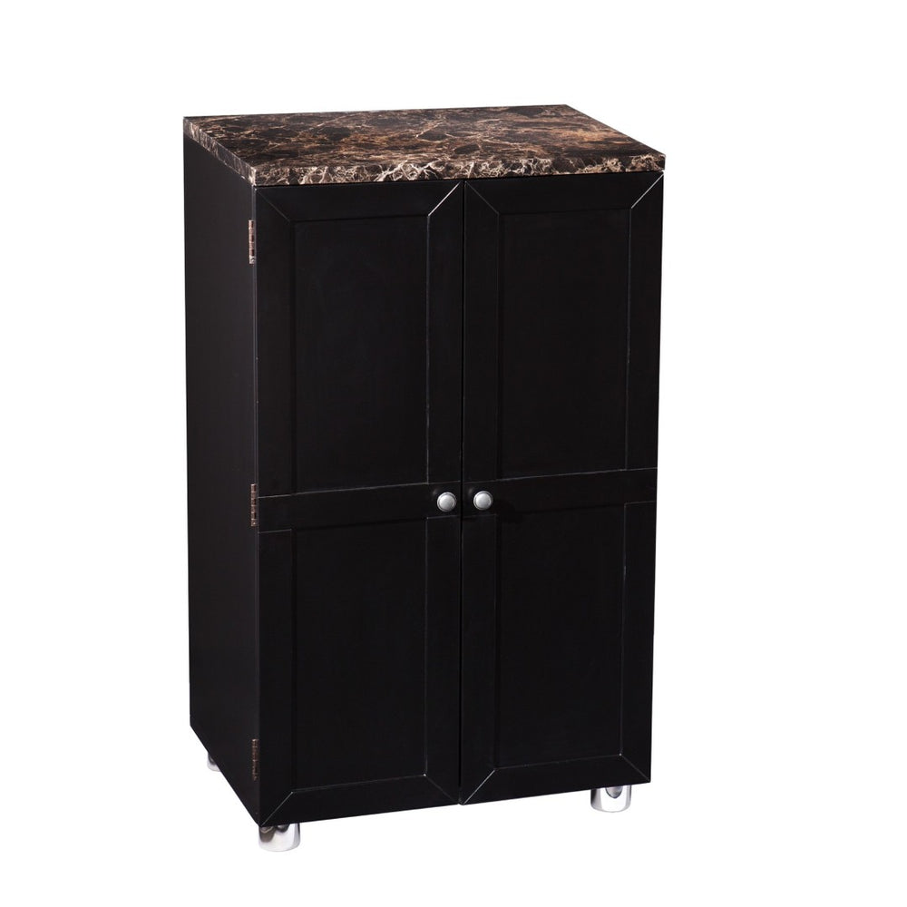 HomeRoots Metro Black Wood and Marble Bar Cabinet - Space-Saving Design with Wine Storage and Elegant Style 401677