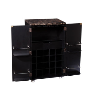 Homeroots Metro Black Wood And Marble Bar Cabinet  Mdf,Faux Marble,Stainless Steel,Nickel 401677