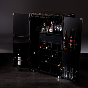 Homeroots Metro Black Wood And Marble Bar Cabinet  Mdf,Faux Marble,Stainless Steel,Nickel 401677