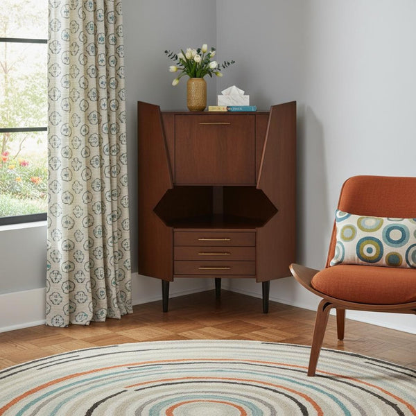 HomeRoots Cosmo Brown and Black Corner Bar Cabinet - Stylish Space-Saving Storage with Mid-Century Modern Flair 401678
