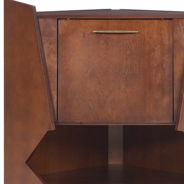 HomeRoots Cosmo Brown and Black Corner Bar Cabinet - Stylish Space-Saving Storage with Mid-Century Modern Flair 401678