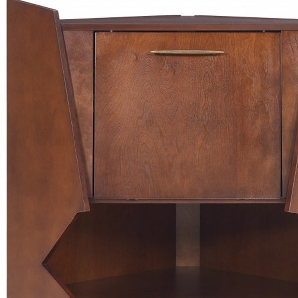 HomeRoots Cosmo Brown and Black Corner Bar Cabinet - Stylish Space-Saving Storage with Mid-Century Modern Flair 401678