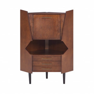HomeRoots Cosmo Brown and Black Corner Bar Cabinet - Stylish Space-Saving Storage with Mid-Century Modern Flair 401678