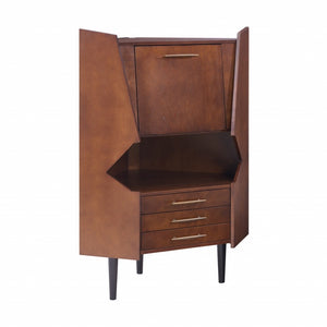 HomeRoots Cosmo Brown and Black Corner Bar Cabinet - Stylish Space-Saving Storage with Mid-Century Modern Flair 401678