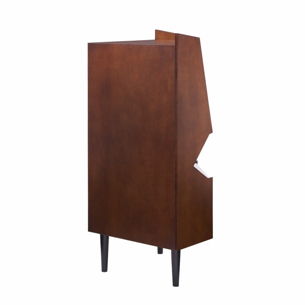 HomeRoots Cosmo Brown and Black Corner Bar Cabinet - Stylish Space-Saving Storage with Mid-Century Modern Flair 401678