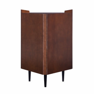 HomeRoots Cosmo Brown and Black Corner Bar Cabinet - Stylish Space-Saving Storage with Mid-Century Modern Flair 401678