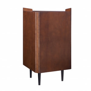 HomeRoots Cosmo Brown and Black Corner Bar Cabinet - Stylish Space-Saving Storage with Mid-Century Modern Flair 401678