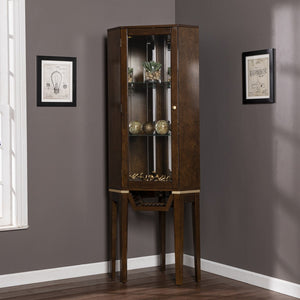 Homeroots Fancy Tall Lighted Corner Curio Cabinet  Poplar,Eng Wood,Birch Ven,Mirror,Temp Glass 401688