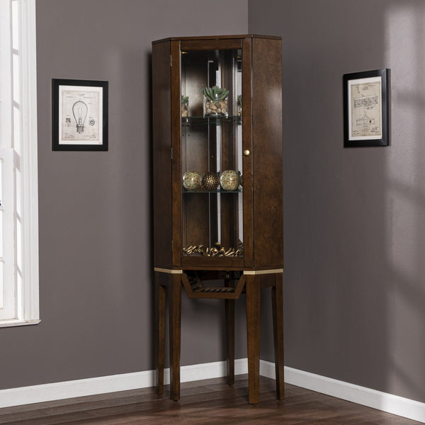 Homeroots Fancy Tall Lighted Corner Curio Cabinet  Poplar,Eng Wood,Birch Ven,Mirror,Temp Glass 401688